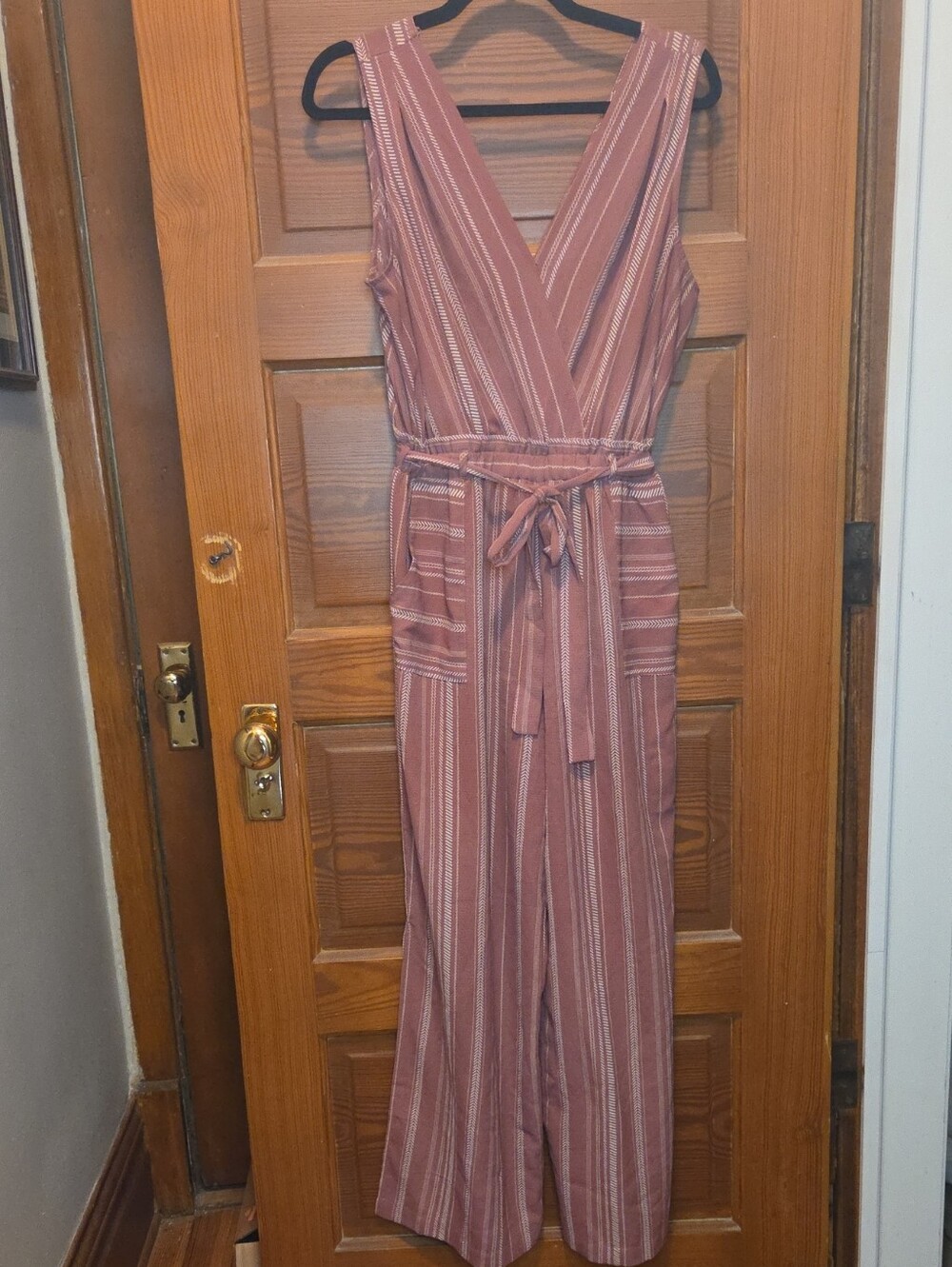 Monteau Dusty Rose Striped Sleeveless V-Neck Jumpsuit with Tie Waist